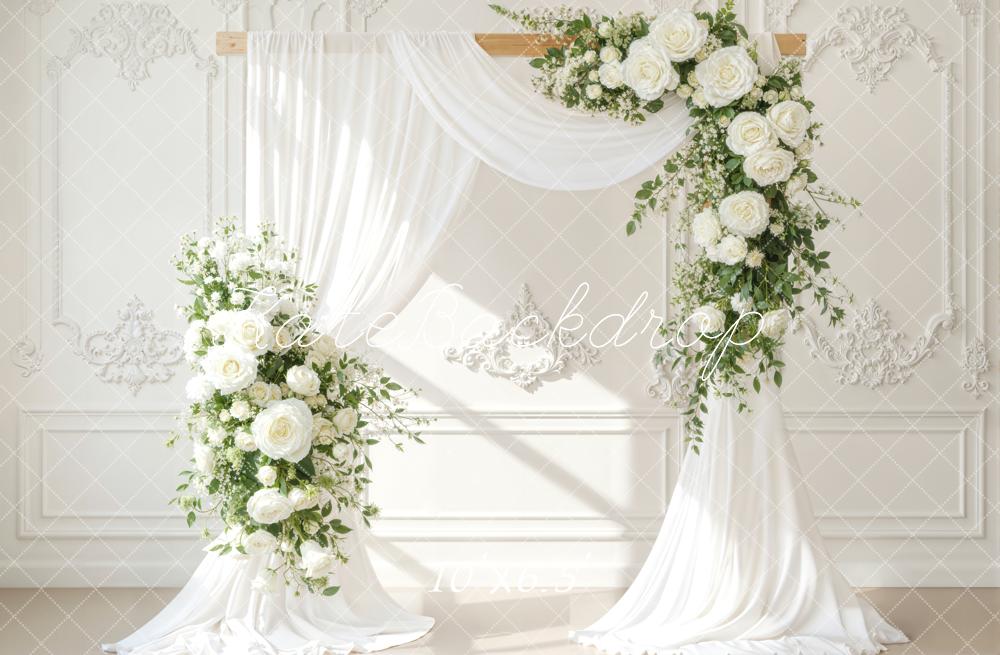 Kate Spring Wedding Flower Arch White Drapes Backdrop Designed by Emetselch