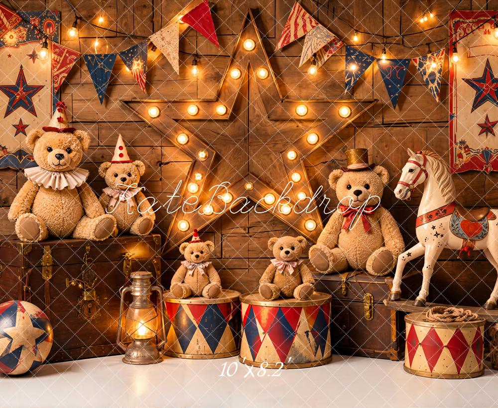 Kate Circus Teddy Bears Rocking Horse Carousel Wood Printed Backdrop Designed by Emetselch