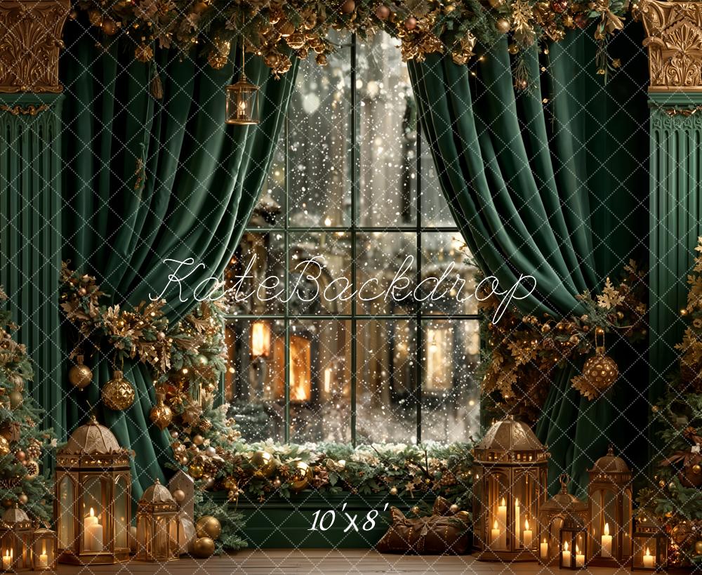 Kate Christmas Green Curtains Window Garland Lanterns Backdrop Designed by Emetselch