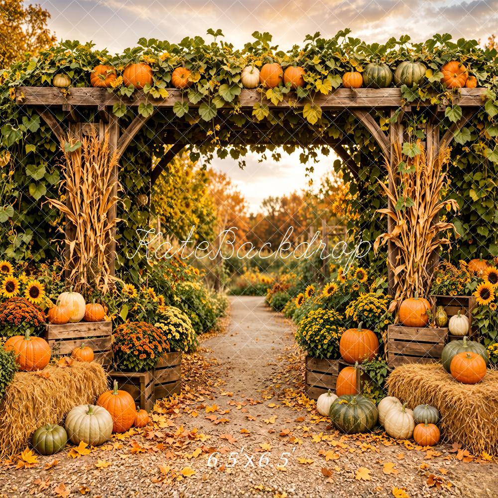 Kate Fall Floral Archway Pumpkin Sunflowers Hay Bales Printed Backdrop Designed by Emetselch