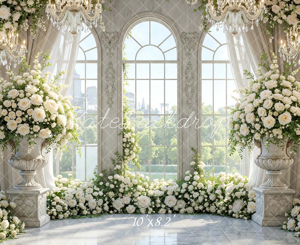 Kate White Flower Arch Elegant Window Chandelier Printed Backdrop Designed by Mini MakeBelieve