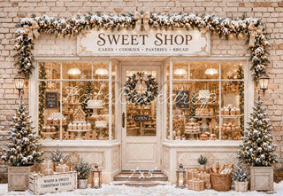 Kate Christmas Sweet Shop Bakery Gingerbread Snow Brick Wall Garland Printed Backdrop Designed by Emetselch