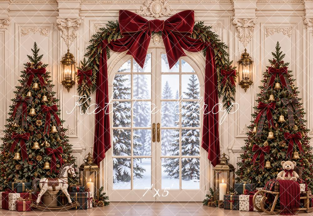 Kate Christmas Window Trees Garland Bow Printed Backdrop Designed by Emetselch
