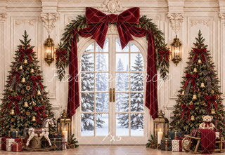 Kate Christmas Window Trees Garland Bow Printed Backdrop Designed by Emetselch