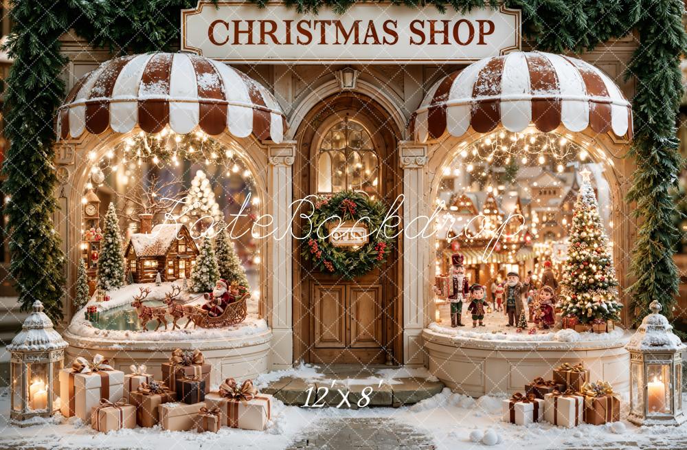 Kate Christmas Shop Santa Sleigh Village Christmas Tree Snow Printed Backdrop Designed by Emetselch