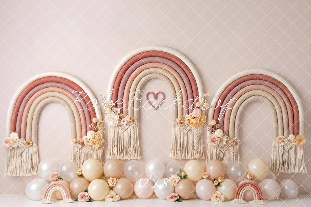 Kate Cake Smash Boho Blush Macrame Rainbow Balloons Printed Backdrop Designed by Patty Roberts