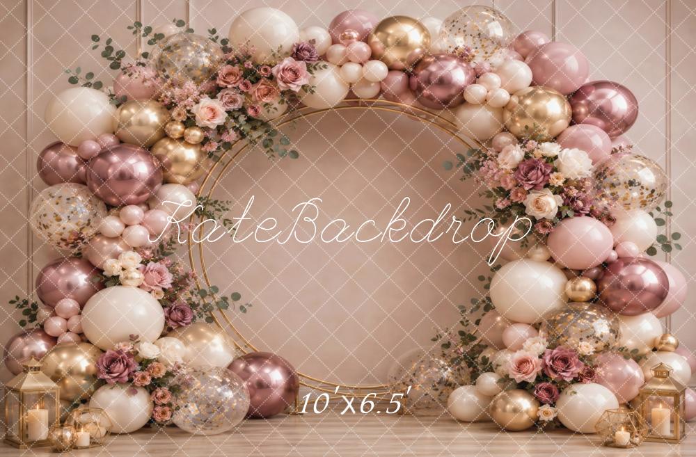 Kate Birthday Flower Arch Balloon Ring Pink Gold Floral Printed Backdrop Designed by Vertigo Productions