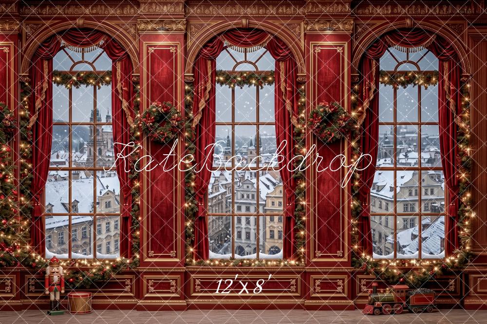 Kate Christmas Ornate Red Arched Windows Snowy City Printed Backdrop Designed by Angela Miller