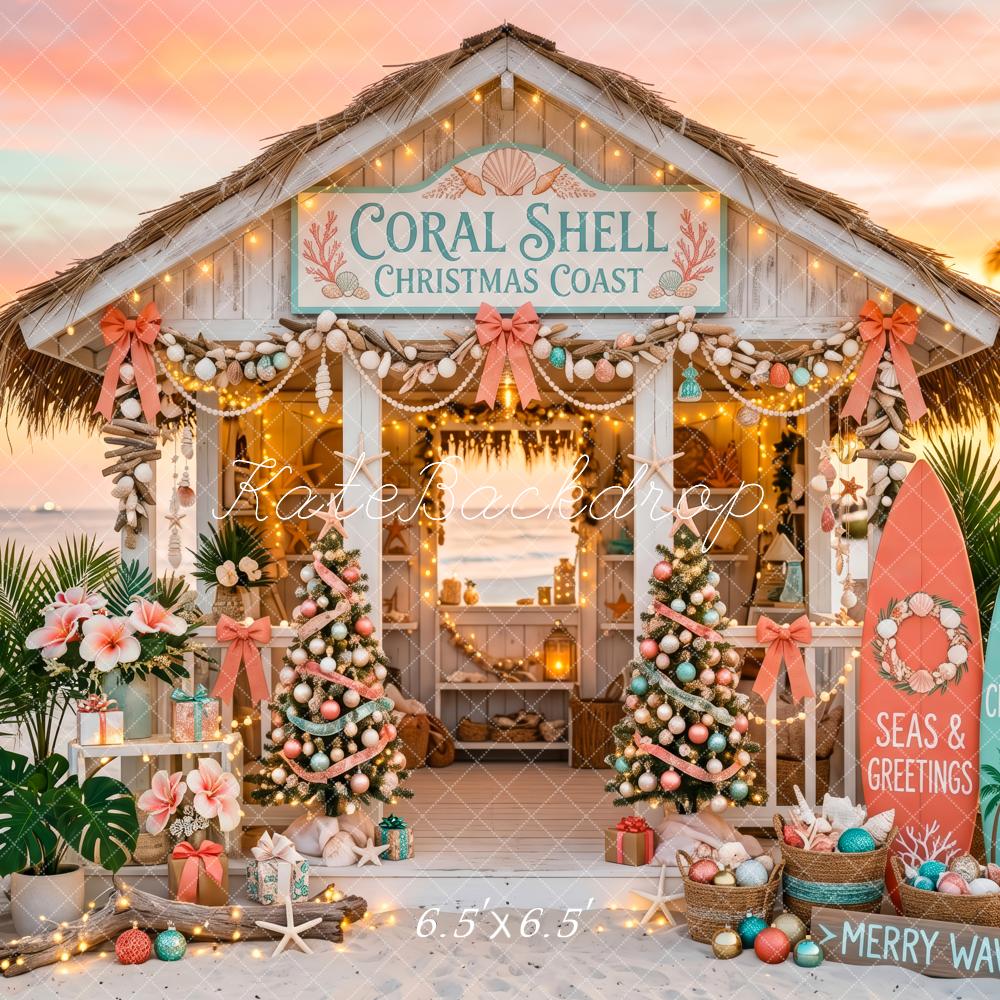 Kate Christmas Beach Cabana Surfboards Palm Trees Printed Backdrop Designed by Patty Roberts