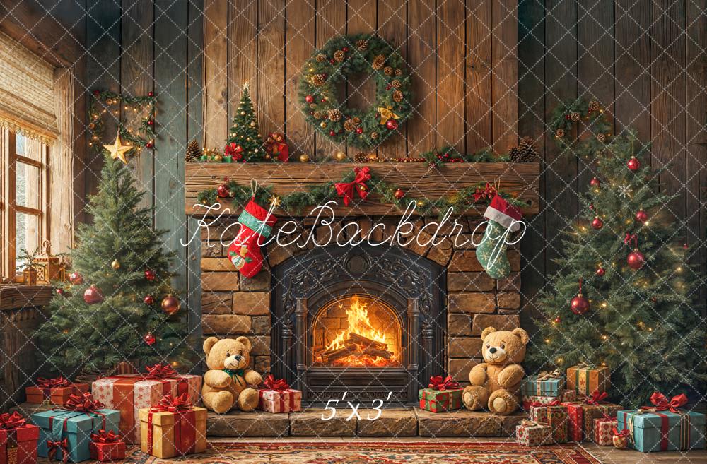 Kate Christmas Fireplace Trees Wreath Gifts Teddy Bears Printed Backdrop Designed by Emetselch