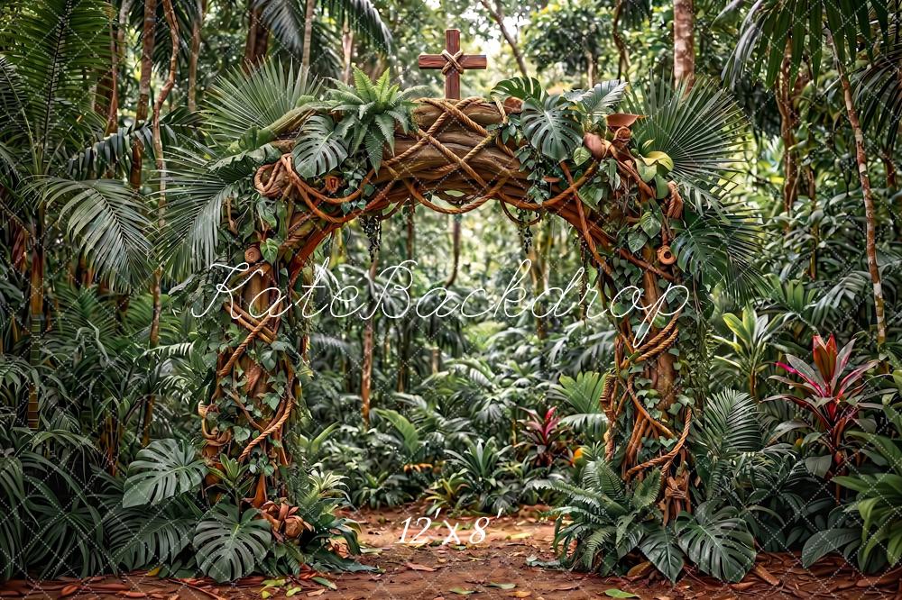 Kate VBS Jungle Arch Cross Green Tropical Printed Backdrop Designed by Angela Miller