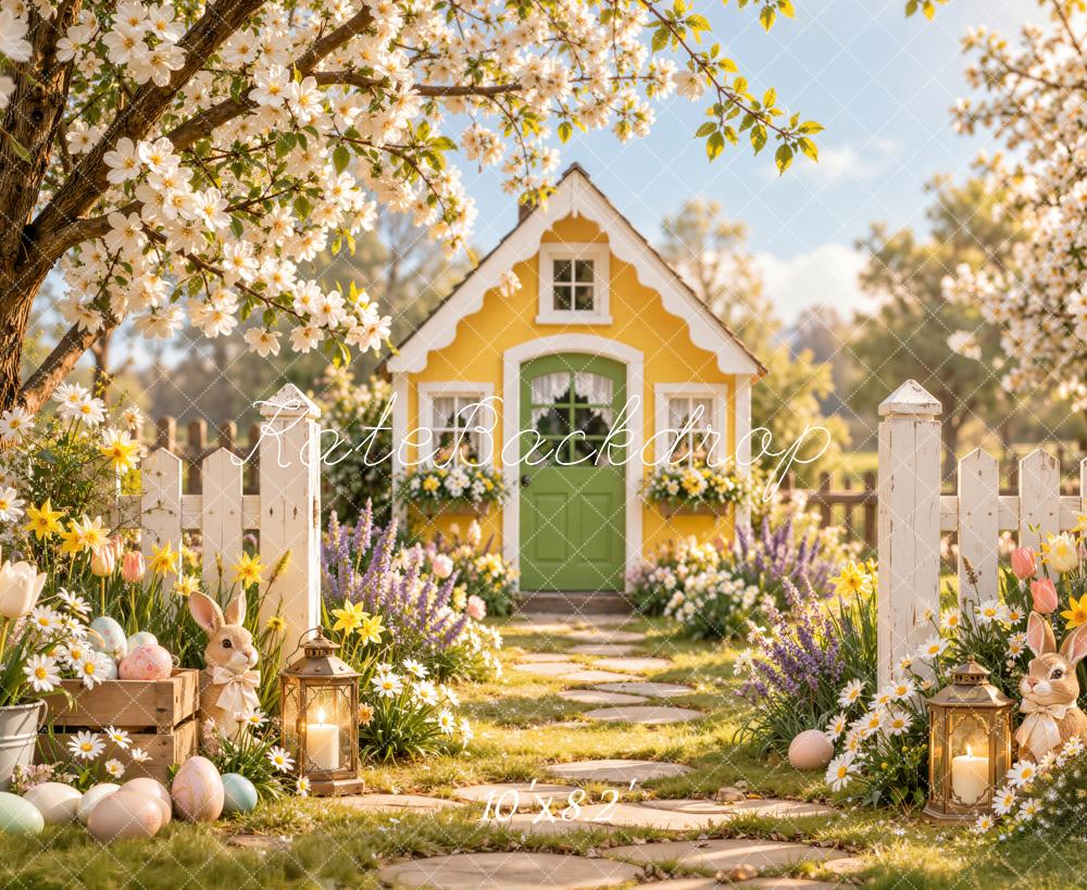 Kate Easter Yellow Cottage Garden Cherry Blossoms Bunny Printed Backdrop Designed by Emetselch