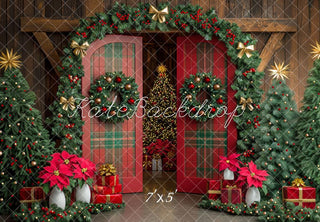 Kate Christmas Tree Plaid Barn Door Garland Printed Backdrop Designed by Mini MakeBelieve