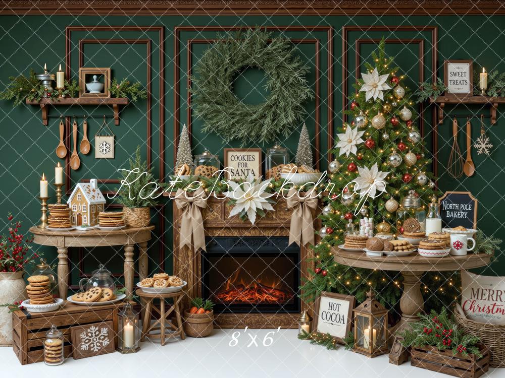 Kate Christmas Fireplace Tree Cookie Wreath Dessert Table Green Printed Backdrop Designed by Mini MakeBelieve