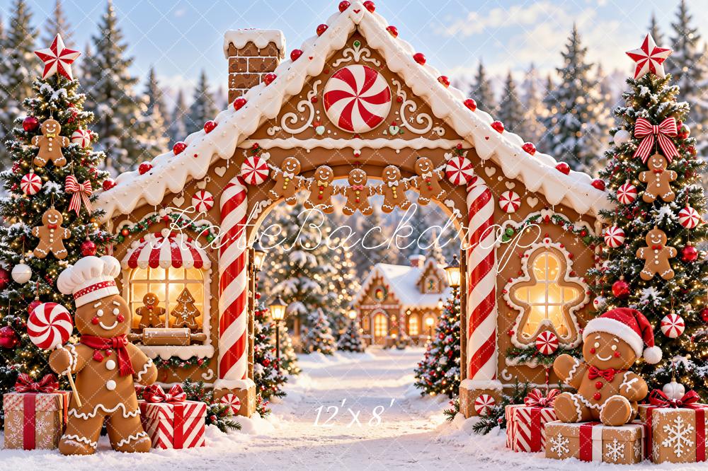 Kate Christmas Gingerbread House Candy Cane Arch Snowy Printed Backdrop Designed by Chain Photography