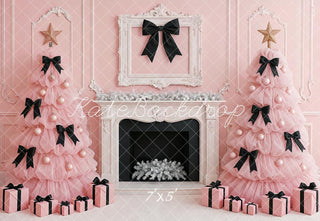 Kate Christmas Trees Tulle Pink Black Bows Fireplace Gifts Printed Backdrop Designed by Ashley Paul