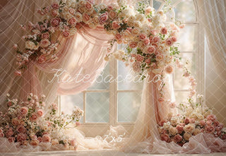 Kate Spring Flower Arch Blush Roses Drapes Window Printed Backdrop Designed by Emetselch
