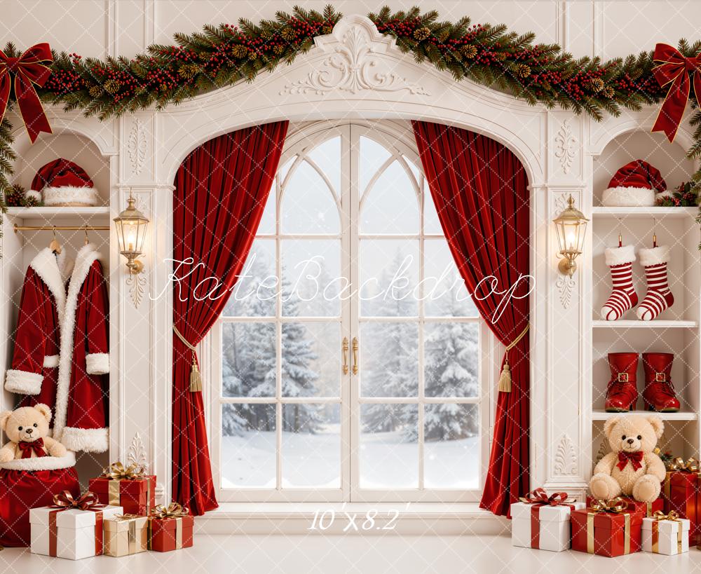 Kate Christmas Window Garland Red Curtains Gifts Built-In Cabinet Printed Backdrop Designed by Emetselch