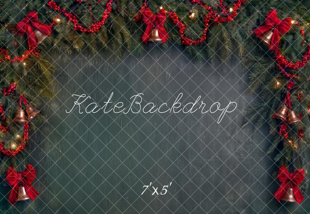 Kate Christmas Evergreen Garland Red Bows Bells Printed Backdrop Designed by Angela Miller