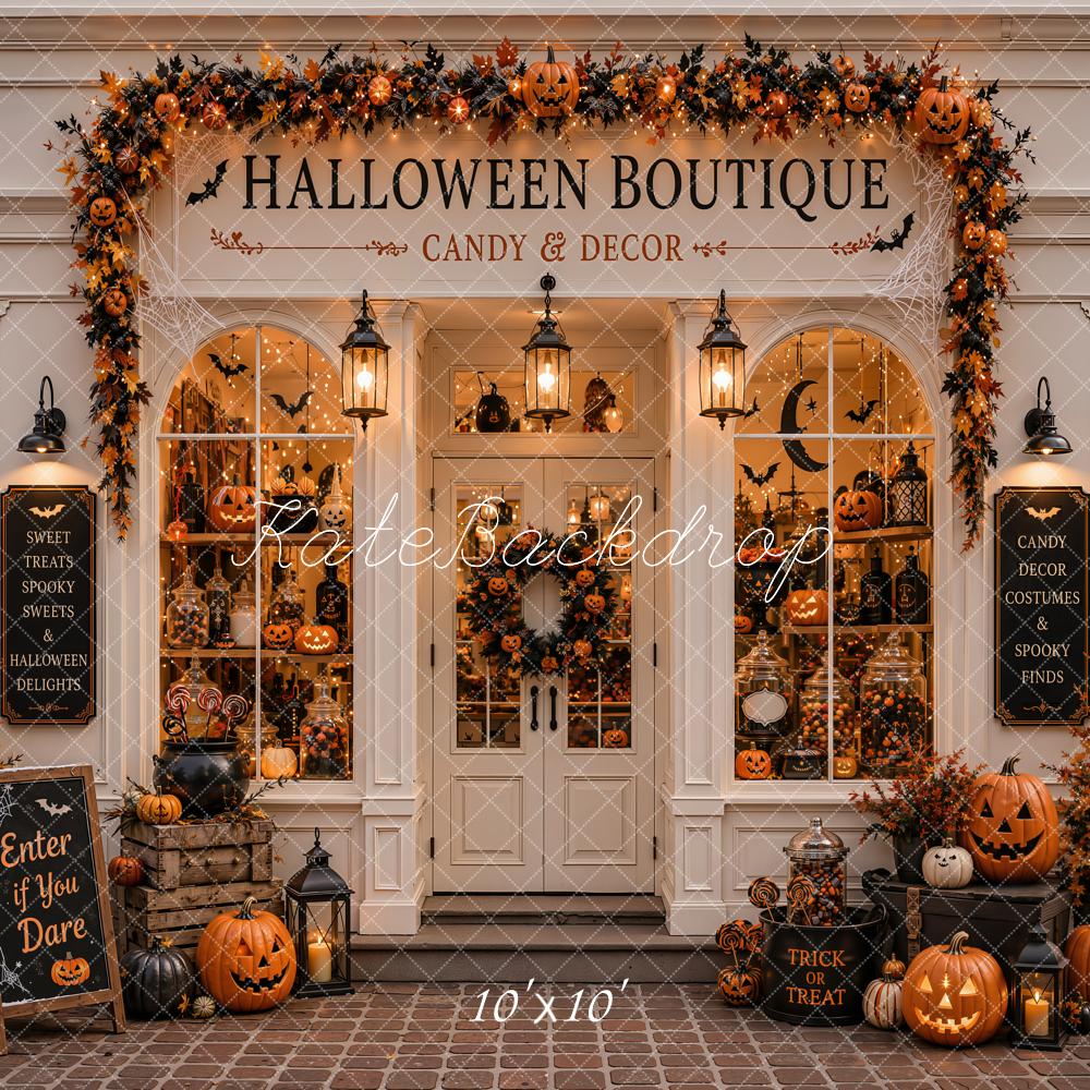 Kate Halloween Candy Boutique Pumpkin Storefront Garland Printed Backdrop Designed by Emetselch