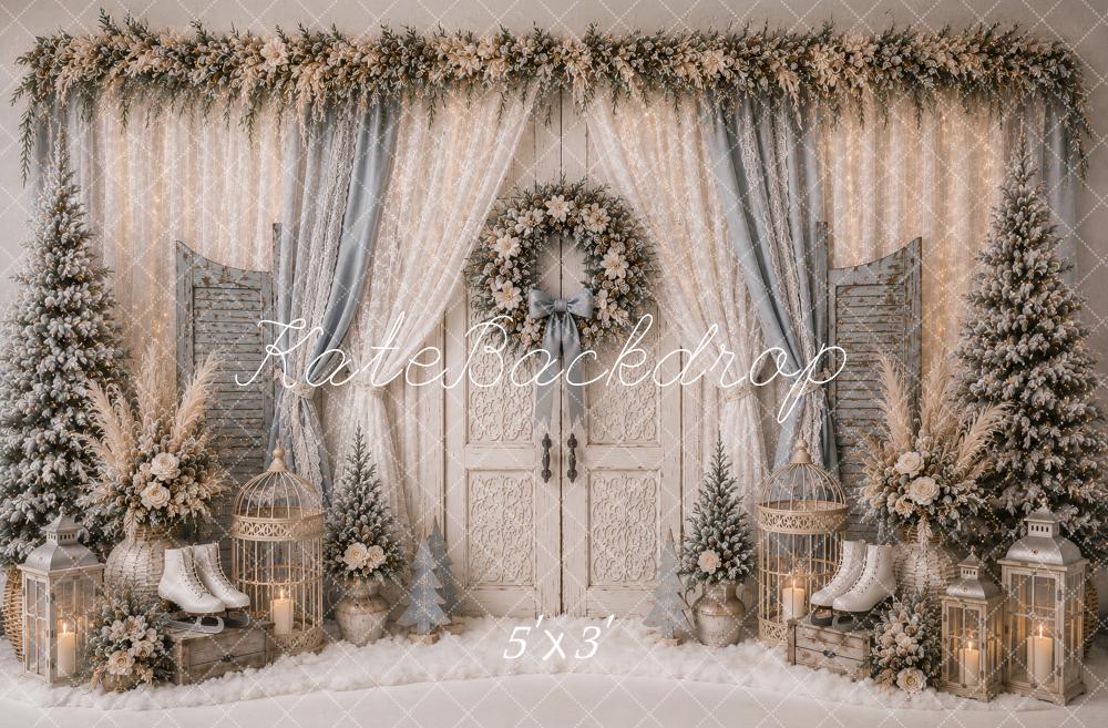 Kate Christmas White Double Doors Wreath Lace Curtains Trees Printed Backdrop Designed by Ashley Paul