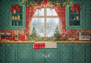 Kate Christmas Kitchen Green Cabinets Red Plaid Curtains Printed Backdrop Designed by Emetselch