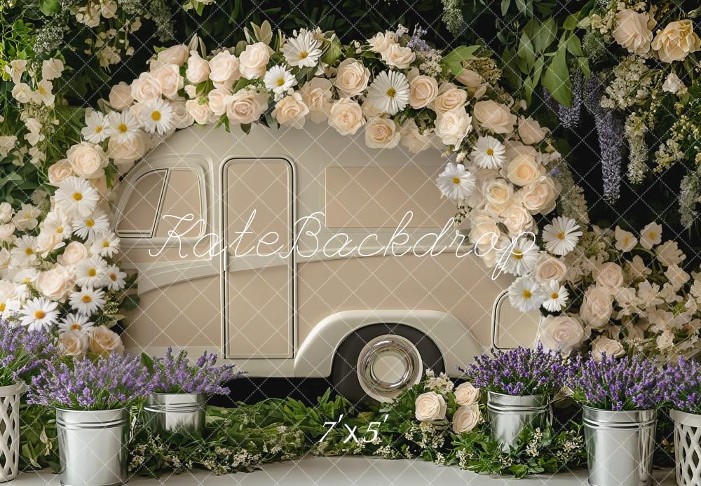 Flowral Retro Rv Vintage Camper Floral Garden Backdrop