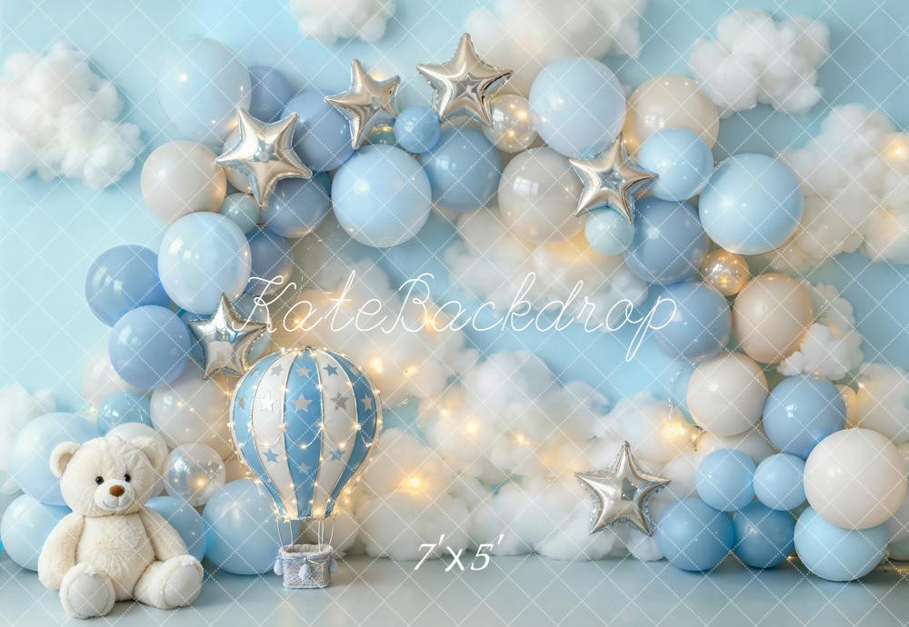 TEST Kate Cake Smash Blue Balloon Arch Hot Air Balloon Teddy Bear Stars Backdrop Designed by Emetselch