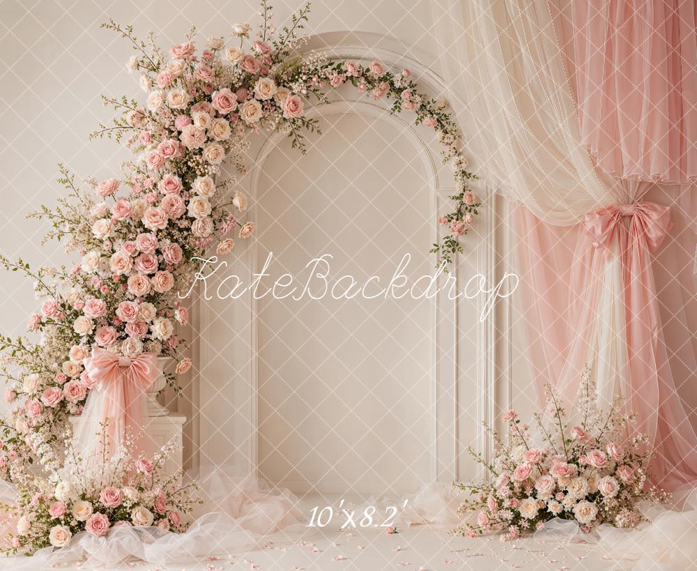 Kate Romantic Wedding Flower Arch Pink Sheer Drapery Printed Backdrop Designed by Emetselch