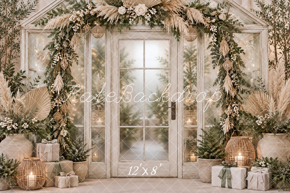 Kate Christmas Boho Greenery Arch Glass Door Gifts Printed Backdrop Designed by Vertigo Productions