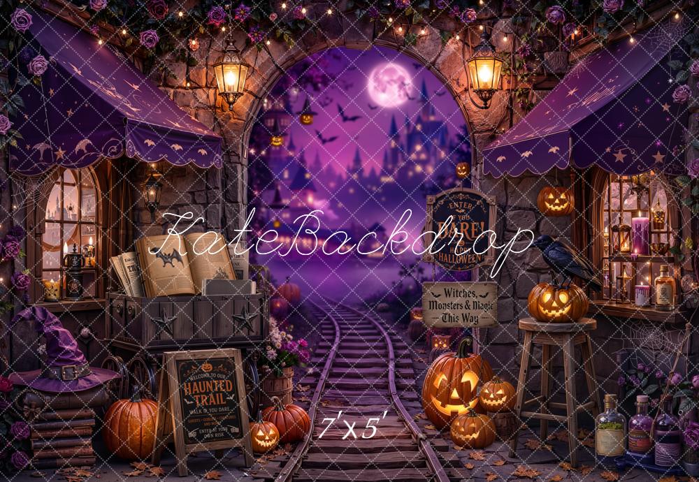 Kate Halloween Purple Haunted Train Station Witch Printed Backdrop Designed by Chain Photography