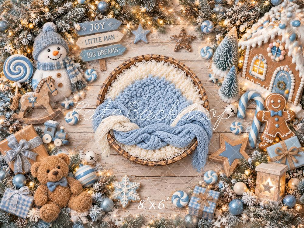 Kate Christmas Newborn Pastel Blue Baby Basket Snowman Printed Backdrop Designed by Laura Bybee