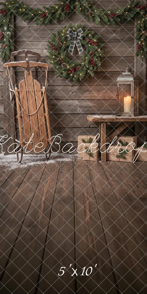 Kate Sweep Christmas Sled Wreath Wooden Wall Printed Backdrop Designed by Angela Miller