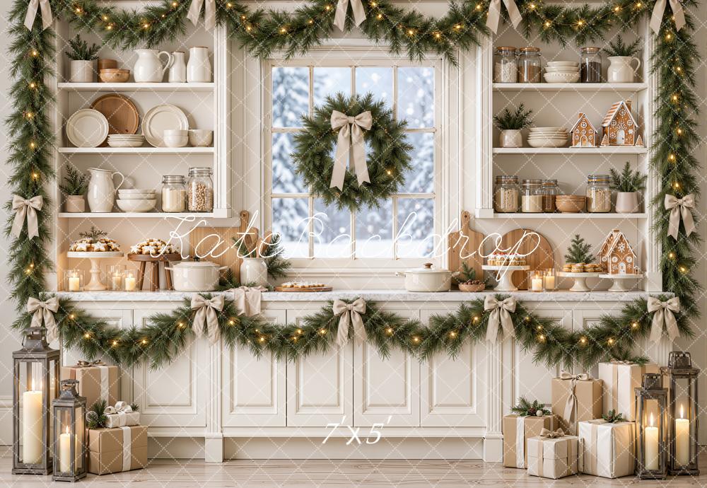 Kate Christmas Kitchen Garland Wreath Gingerbread Baking White Printed Backdrop Designed by Emetselch
