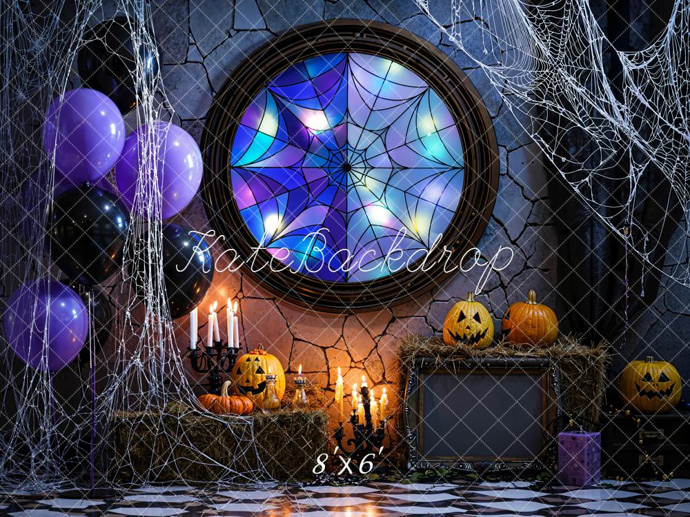 Kate Halloween Stained Glass Spider Web Window Pumpkins Balloons Backdrop Designed by Emetselch