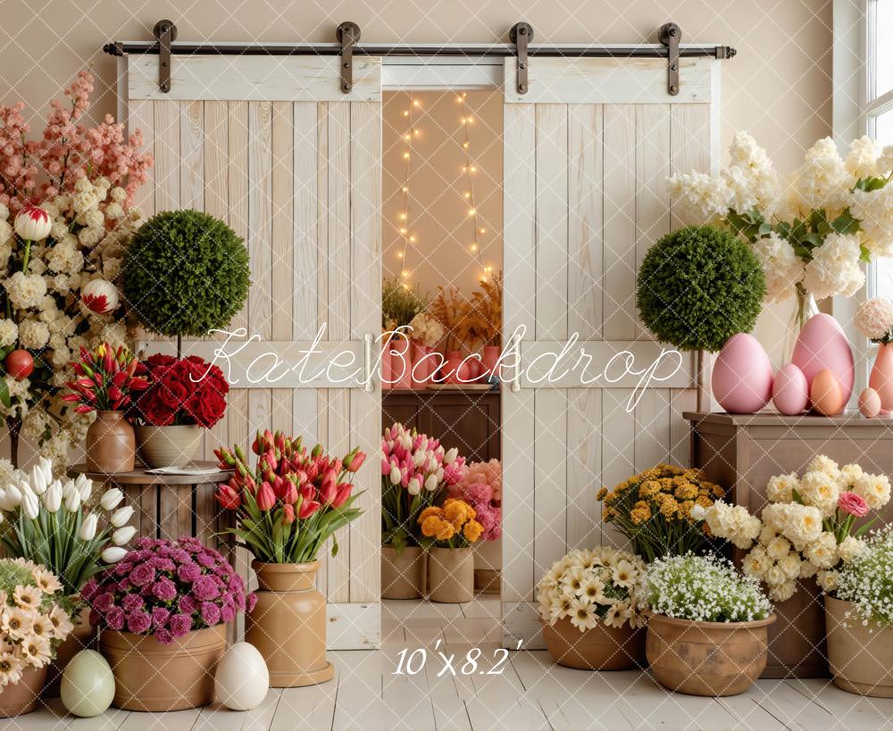 Kate Easter Flowers Pink Eggs Barn Door Printed Backdrop Designed by Mini MakeBelieve