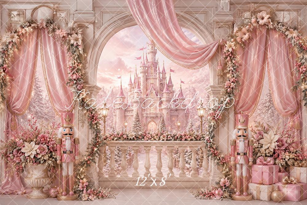 Kate Christmas Pink Castle Arch Nutcracker Drapery Flowers Printed Backdrop Designed by Ashley Paul