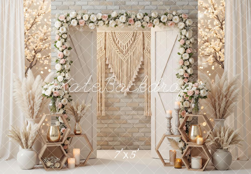 Kate Boho Flower Arch Macrame Hexagon Shelves Candles Cream Brick Wall Backdrop Designed by Mini MakeBelieve