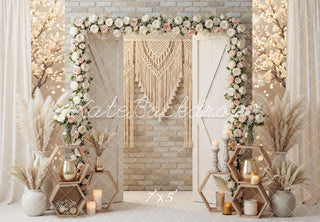 Kate Boho Flower Arch Macrame Hexagon Shelves Candles Cream Brick Wall Printed Backdrop Designed by Mini MakeBelieve