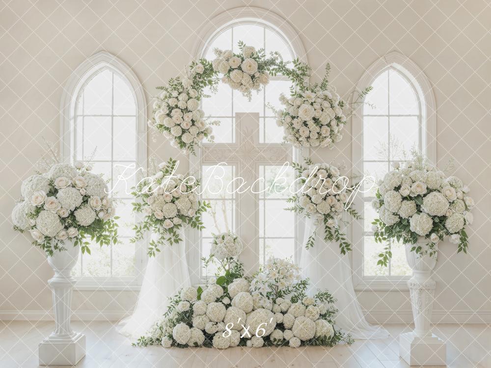 Kate Romantic Church White Flower Arch Cross Windows Printed Backdrop Designed by Emetselch