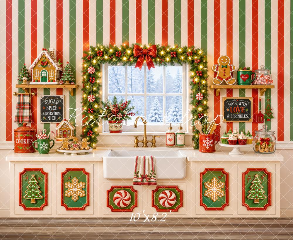 Kate Christmas Kitchen Gingerbread Cookies Garland Striped Wall Printed Backdrop Designed by Emetselch