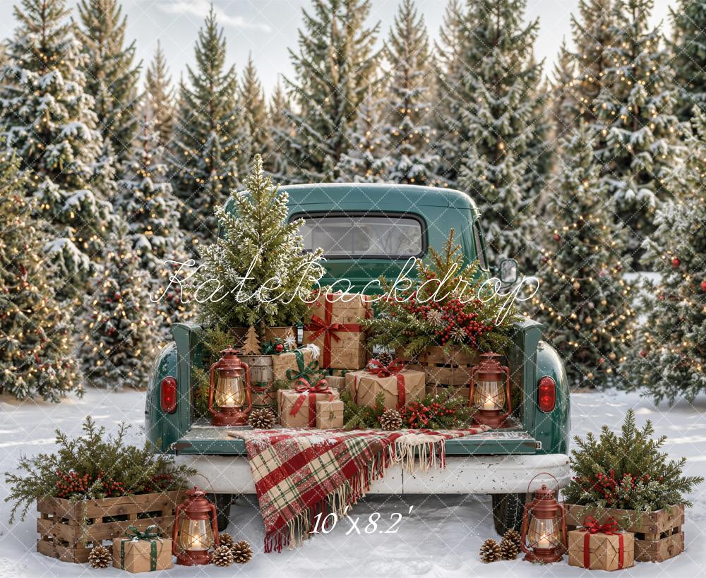 Kate Christmas Truck Gifts Pine Trees Plaid Blanket Snow Printed Backdrop Designed by Emetselch