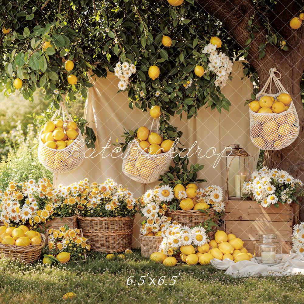 Kate Summer Lemons Baskets Daisy Flowers Picnic Garden Printed Backdrop Designed by Emetselch