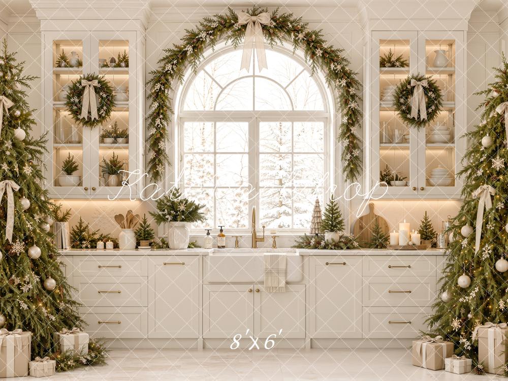 Kate Christmas White Kitchen Cabinet Window Trees Garland Printed Backdrop Designed by Emetselch