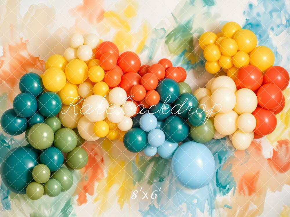 Kate Cake Smash Colorful Balloon Garland Paint Printed Backdrop Designed by Emetselch