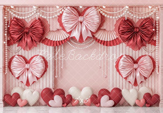 Kate Valentine's Day Pink Heart Satin Bows Pearls Printed Backdrop Designed by Angela Miller