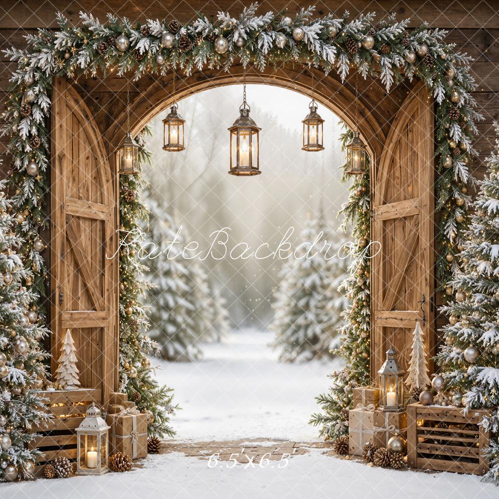 Kate Christmas Rustic Barn Door Snowy Pine Trees Printed Backdrop Designed by Emetselch