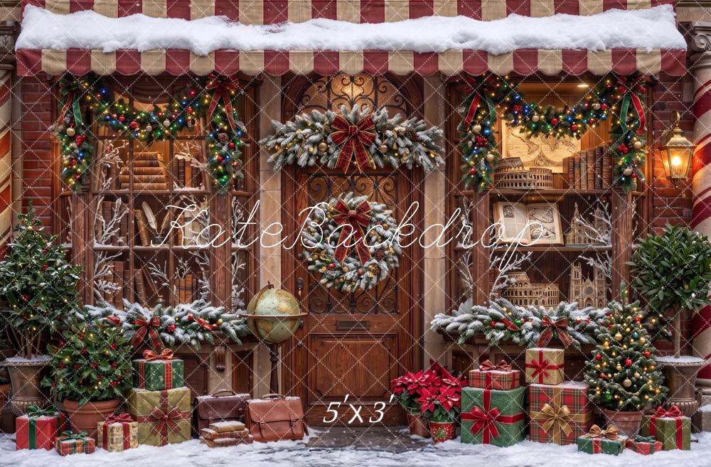 Kate Christmas Bookstore Wreaths Gifts Snowy Printed Backdrop Designed by Angela Miller