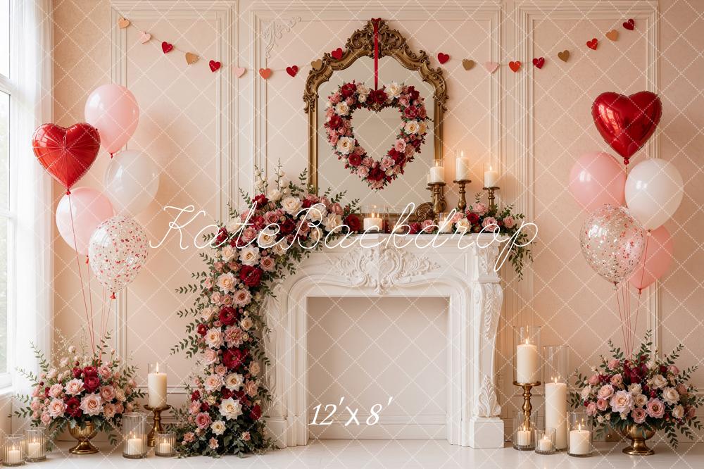 Kate Valentine's Day Pink Floral Fireplace Heart Balloons Printed Backdrop Designed by Shutter Swan Studios