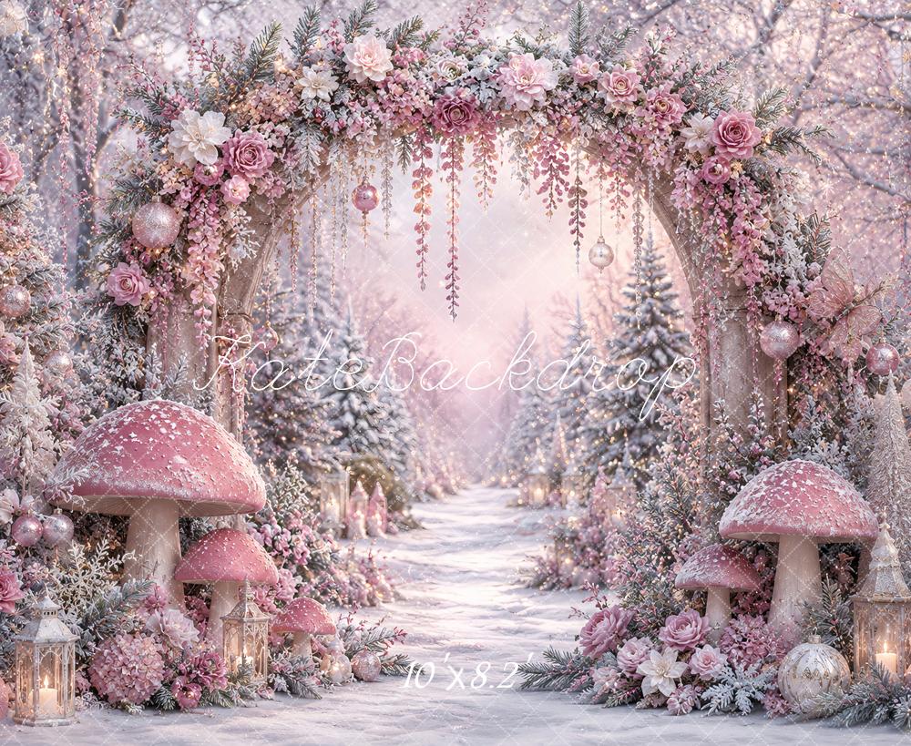 Kate Winter Wonderland Mushrooms Pink Floral Arch Snowy Forest Printed Backdrop Designed by Ashley Paul
